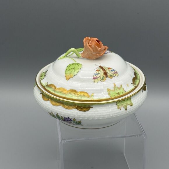 Vtg Herend Queen Victoria Porcelain Rd Box & Lid Trinket Dish with Rose Finial - Picture 14 of 14